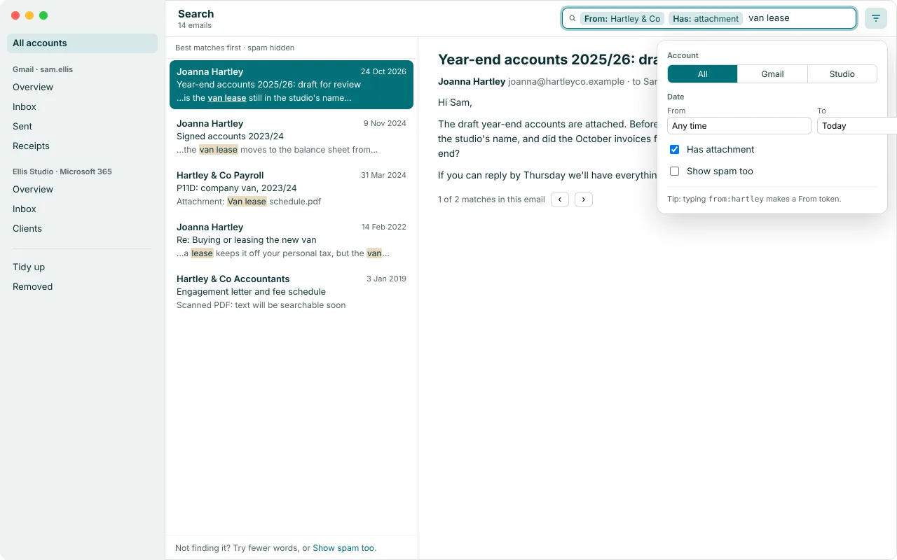 A search for van lease, limited to emails from an accounting firm that have attachments. Five results are listed with the matching words highlighted, including one where the match is inside an attached PDF and one scanned PDF whose text will be searchable soon. A filter panel offers account, a date range, has attachment and show spam too.
